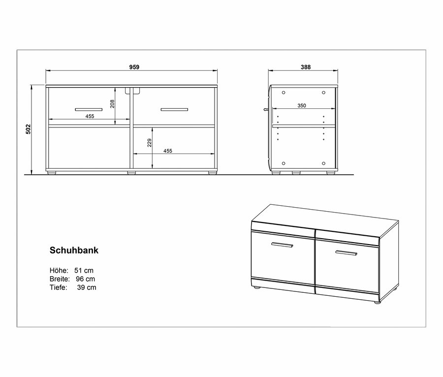 Technische Zeichnung und perspektivische Darstellung der Schuhbank »ADANA«.