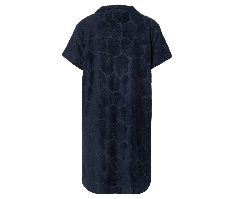Dunkelblaues, kurzärmeliges Kleid mit Muschelmuster von hinten.