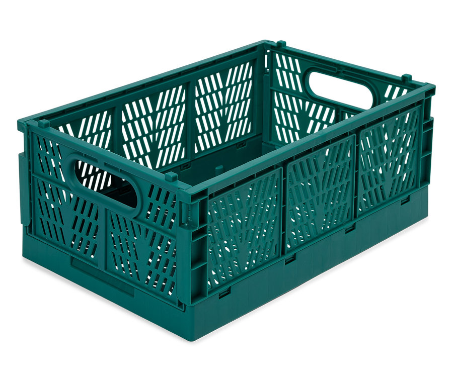 Eine grüne, zusammenklappbare Plastikbox steht auf einem weißen Hintergrund.