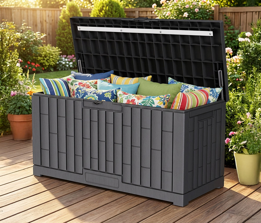 Eine offene, graue Kunststoff-Kissenbox (300 l) steht auf einer hölzernen Terrasse und ist mit bunten Kissen gefüllt.