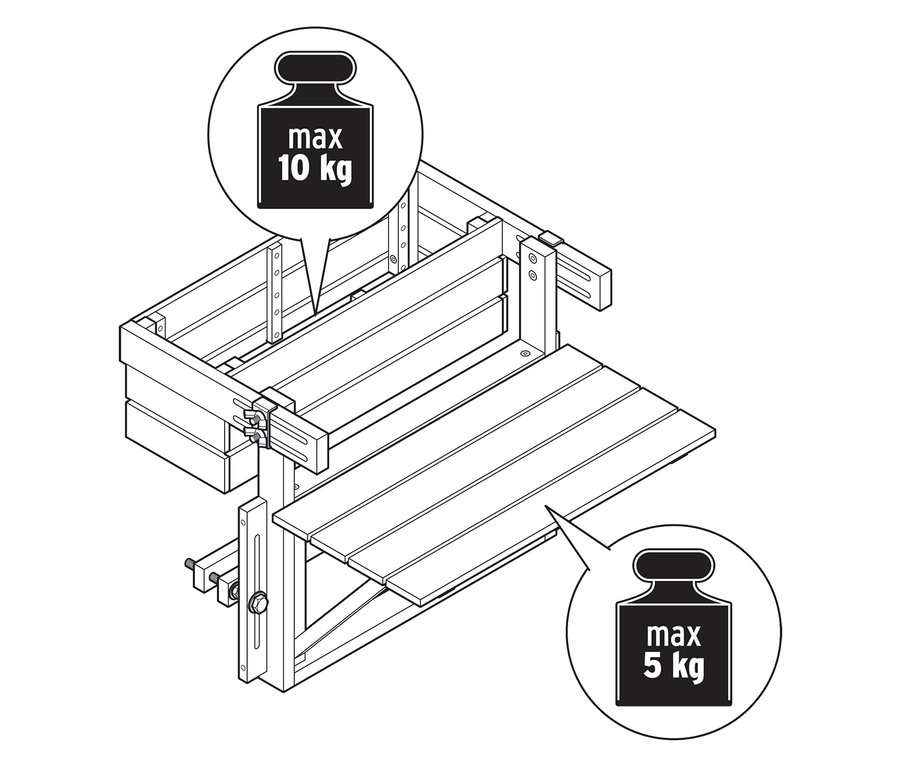 Illustration einer Holzkonstruktion mit Gewichtsangaben von maximal 10 kg und 5 kg.