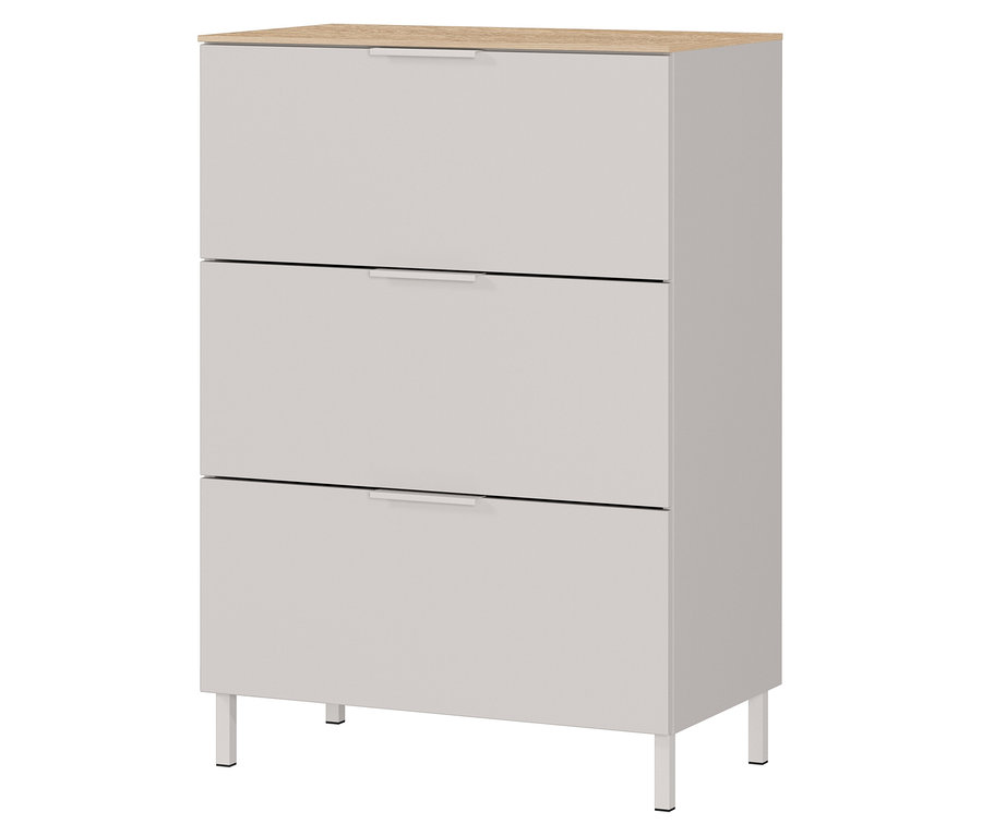 Kleine, kaschmirfarbene Kommode »Savoca« mit Eichenplatte und drei Schubladen.