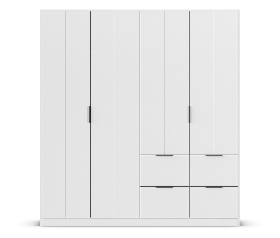 Weißer Kleiderschrank mit sechs Türen und vier Schubladen.