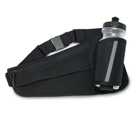 Schwarze Gürteltasche mit Reißverschluss und verstellbarem Gurt, inklusive durchsichtiger Wasserflasche in einer Seitentasche.