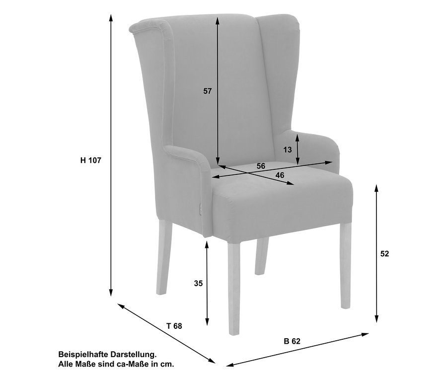 Beiger Hochlehner-Polsterstuhl »Hendrick« mit Armlehne und Maßangaben für Höhe, Breite und Tiefe.