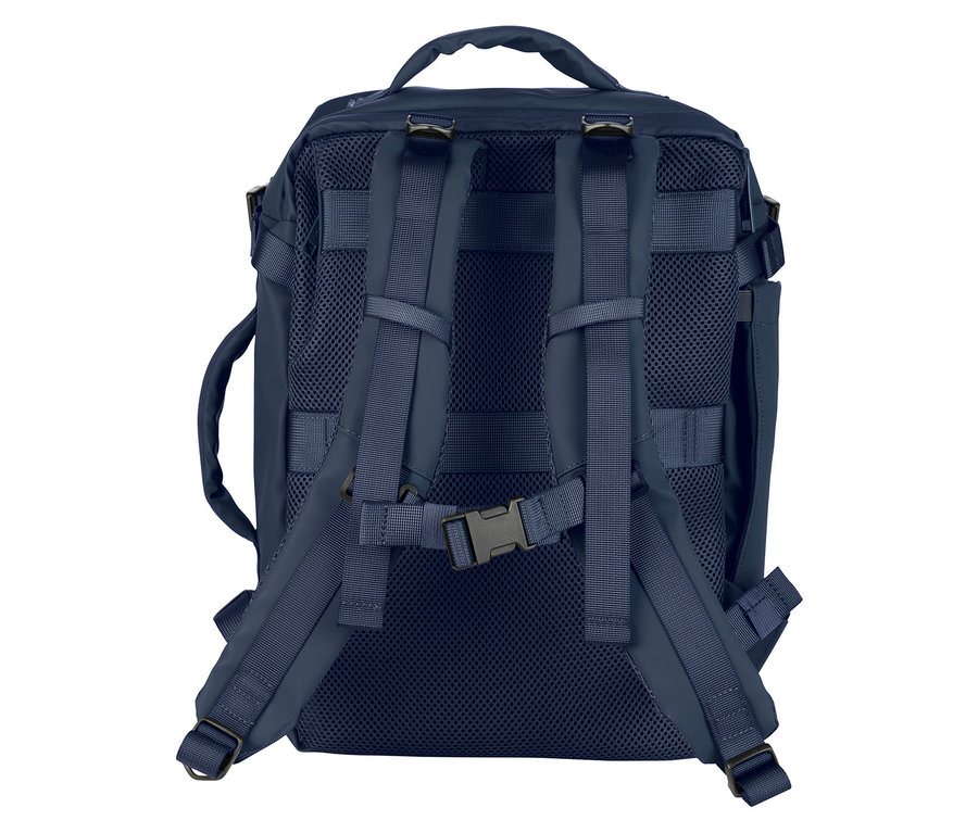 Rückansicht des blauen Tucano TUGO DRY Kabinenrucksacks mit 15,6-Zoll-Laptopfach, der Gurte und ein Netzmuster aufweist.