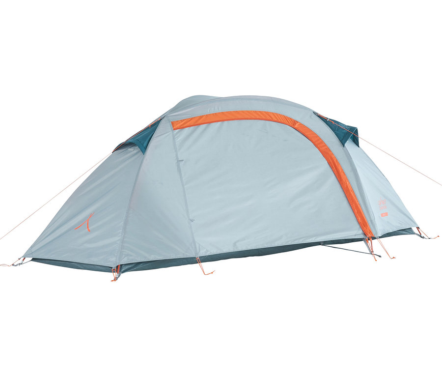 Aufgebautes, hellblaues Grand Canyon »Apex« 1-Personen-Trekkingzelt mit orangefarbenen Akzenten.