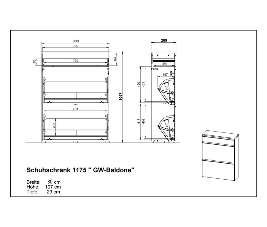 Technische Zeichnung eines graphitfarbenen Schuhschranks »Baldone« mit Maßangaben.
