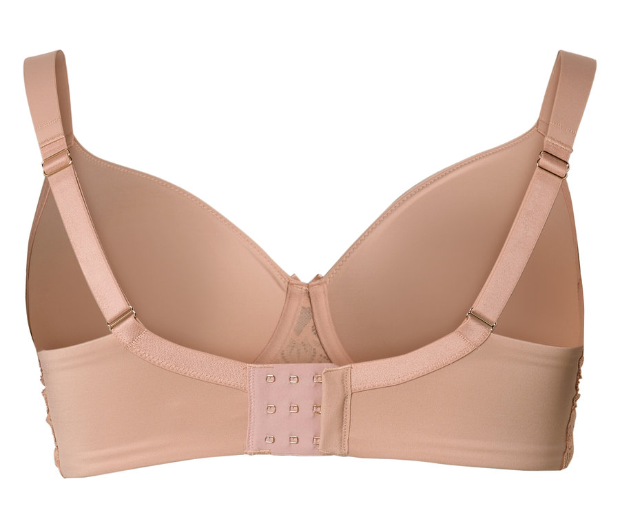 Rückansicht eines hautfarbenen BHs mit verstellbaren Trägern und dreifachem Hakenverschluss.