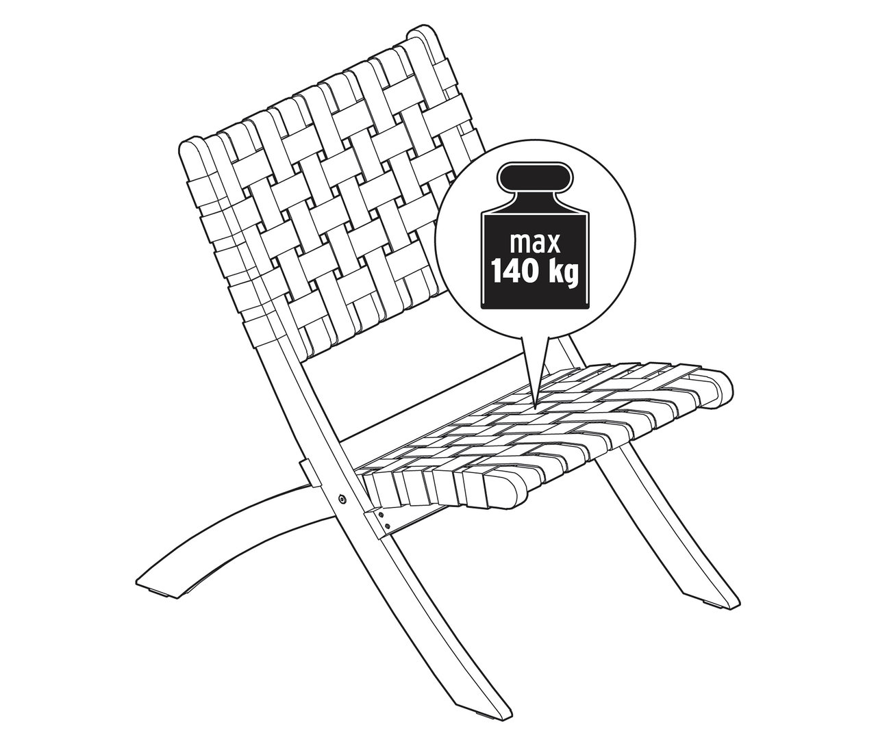 Illustration eines Korbstuhls mit maximaler Tragkraft von 140 kg.
