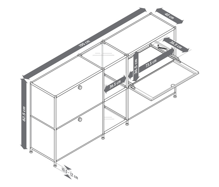 Draufsicht eines Sideboards Metall »CN3« mit 4 Klappenfächern in verschiedenen Farben und Größenangaben.