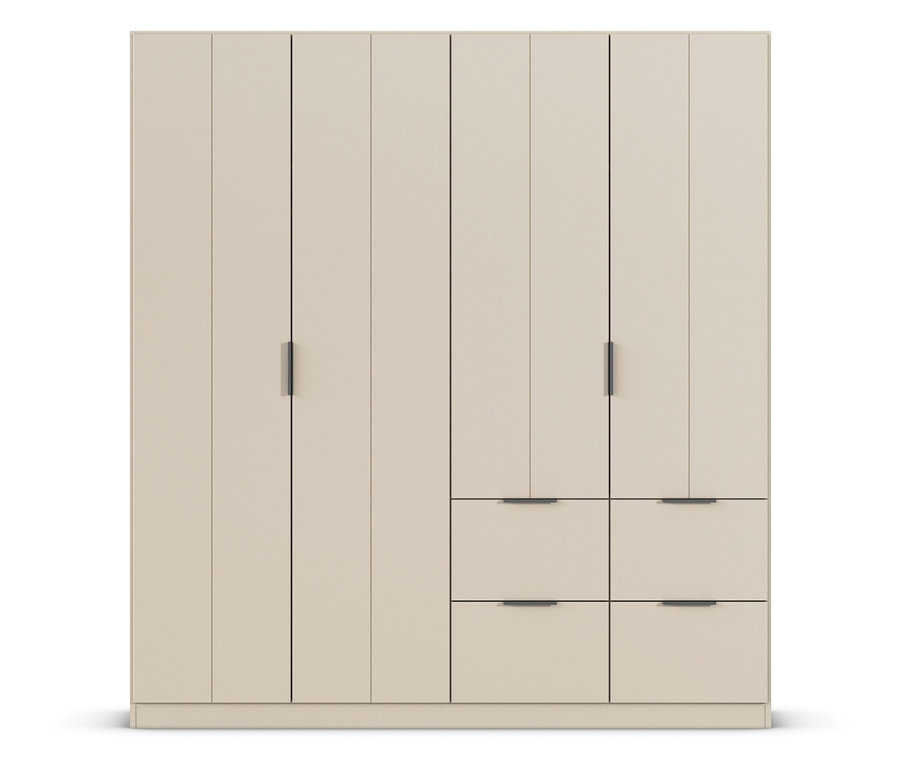 Beiger Kleiderschrank mit sechs Türen und vier Schubladen, zwei davon oben.