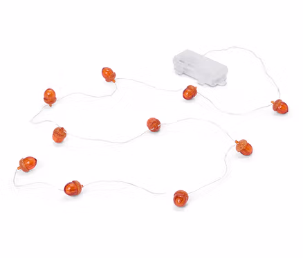 Eine Lichterkette mit bernsteinfarbenen Eicheln und einer transparenten Batteriebox liegt auf einem weißen Hintergrund.