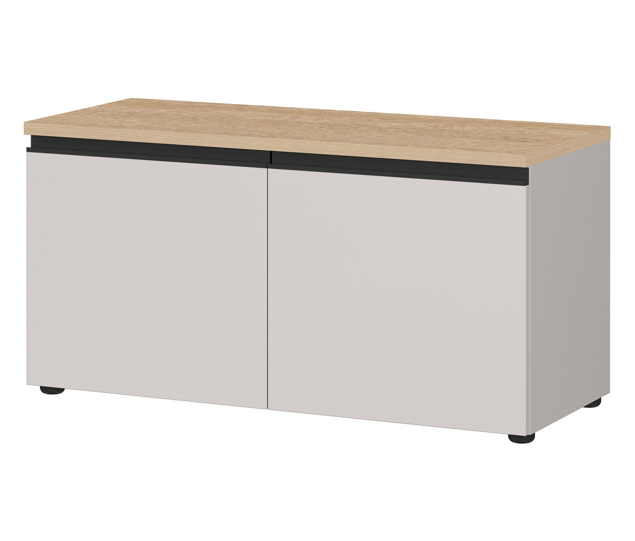 Die Schuhbank »Cormano« ist mit einer hellbraunen Holzplatte und zwei grauen Türen ausgestattet.