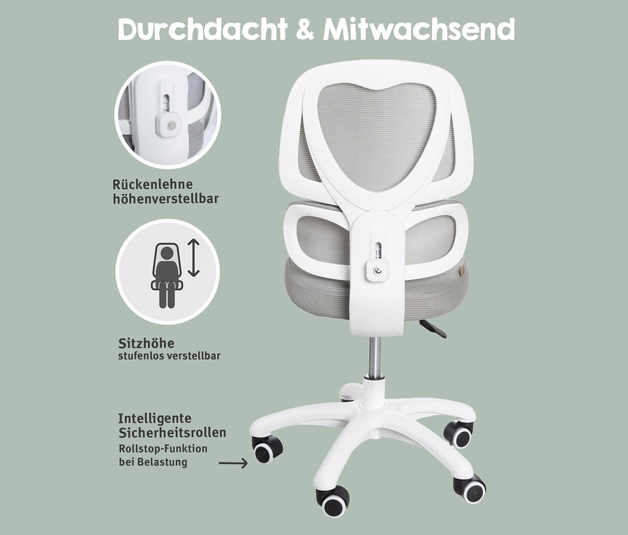 Der Roba Bürostuhl mit geteilter Rückenlehne ist von hinten zu sehen. Der Stuhl ist weiß und grau und hat Rollen.