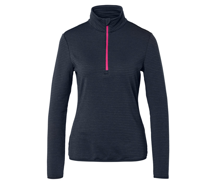 Dunkelblaues, langärmliges Oberteil mit pinkfarbenem Reißverschluss.