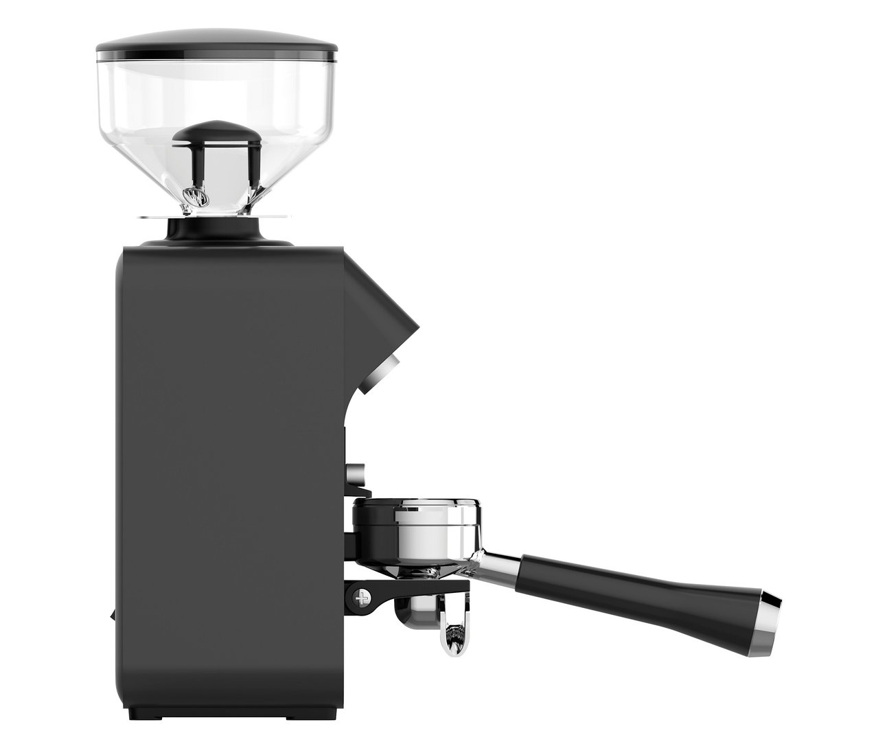 Schwarze Kaffeemühle mit transparentem Behälter und Siebträger.