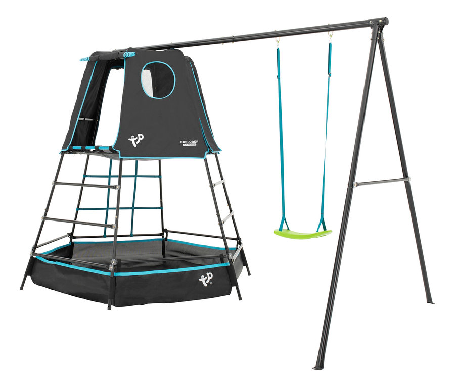 Kletterturm »Explorer« mit Schaukel, mit schwarzem Rahmen und blaugrünen Akzenten.