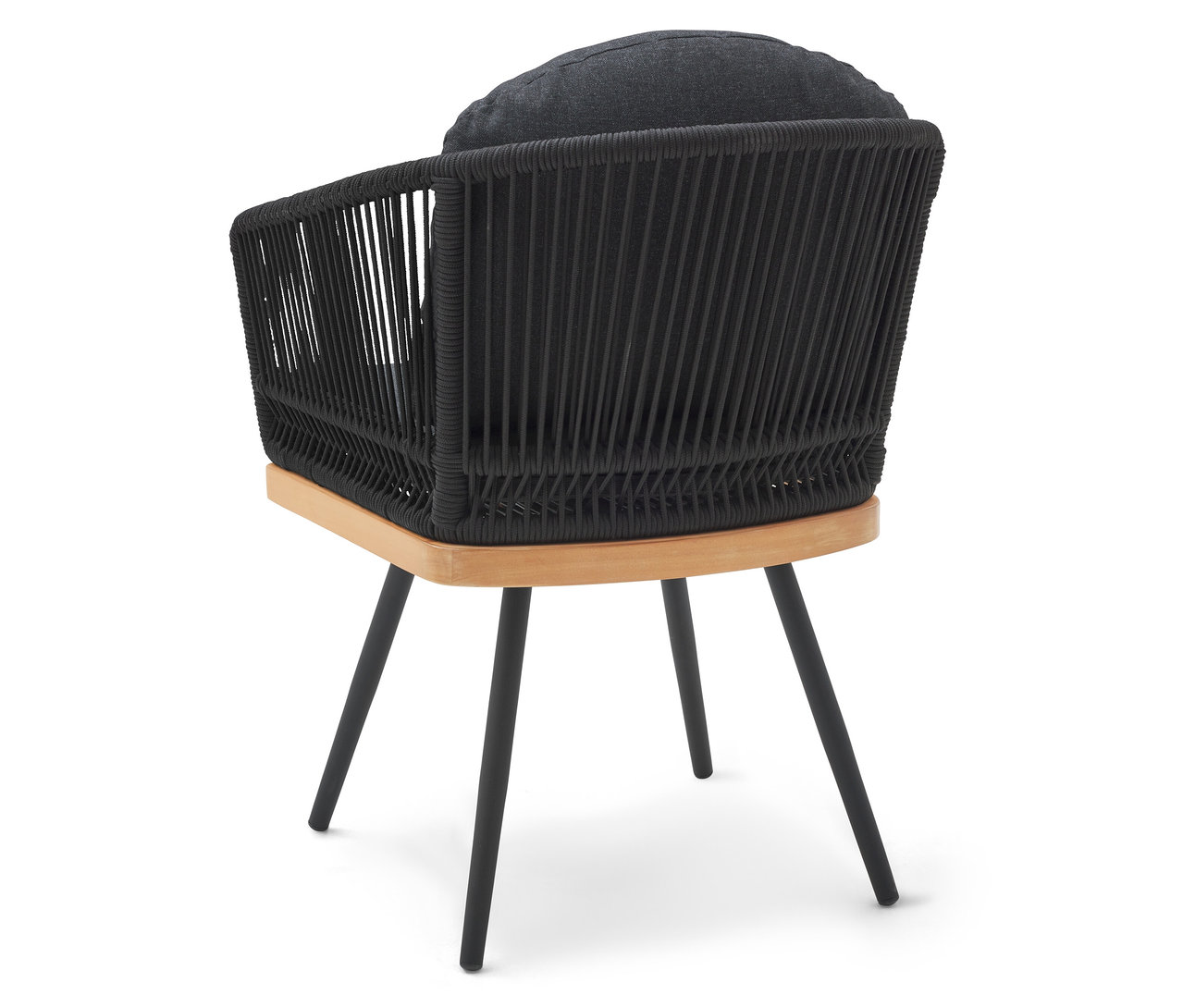 Drehbarer Gartenstuhl mit Textilgeflecht in Schwarz und Naturholz.