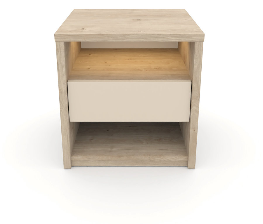 Der Roba Nachttisch »Louisa« in hellem Holz mit einer Schublade und einem offenen Fach.