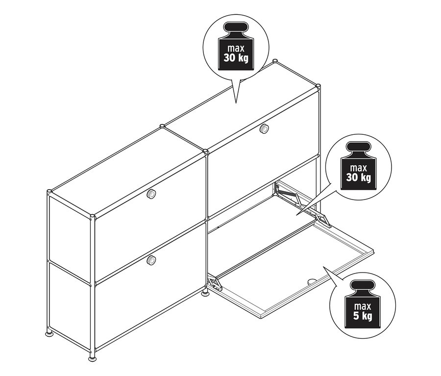 Schwarz-weiße Strichzeichnung eines modularen Schranks mit geöffneter Tür und Gewichtsangaben.