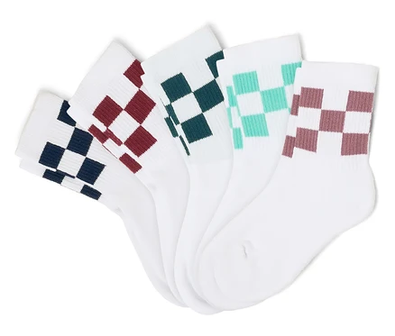 Fünf weiße Socken mit Schachbrettmuster in Marineblau, Burgunderrot, Dunkelgrün, Türkis und Lila liegen nebeneinander.