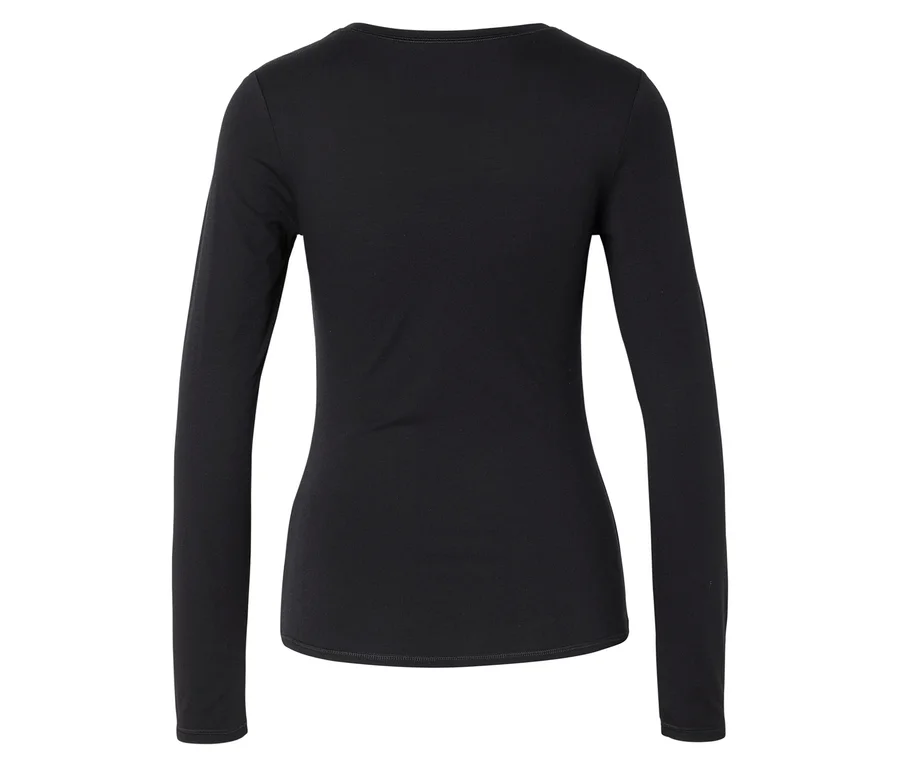 Rückansicht eines schwarzen, taillierten Langarmshirts mit Rundhalsausschnitt.