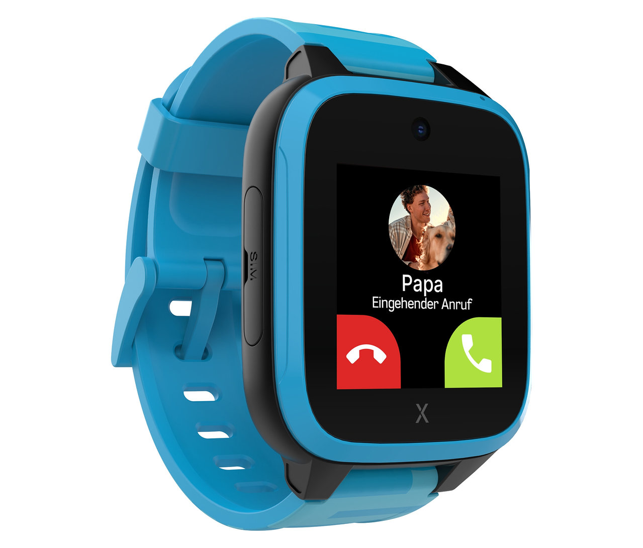 Nahaufnahme der blauen Kinderuhr Xplora XGO3 2nd Gen. mit eingehendem Anruf.