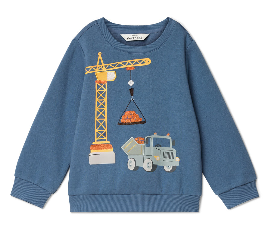 Blaues Sweatshirt mit Kran-, Ziegel- und LKW-Grafiken.