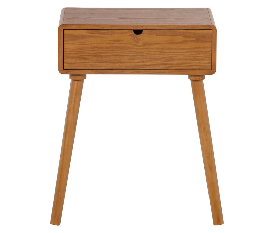 Ein hellbrauner Nachttisch aus Holz mit einer Schublade und vier schrägen, konischen Beinen.