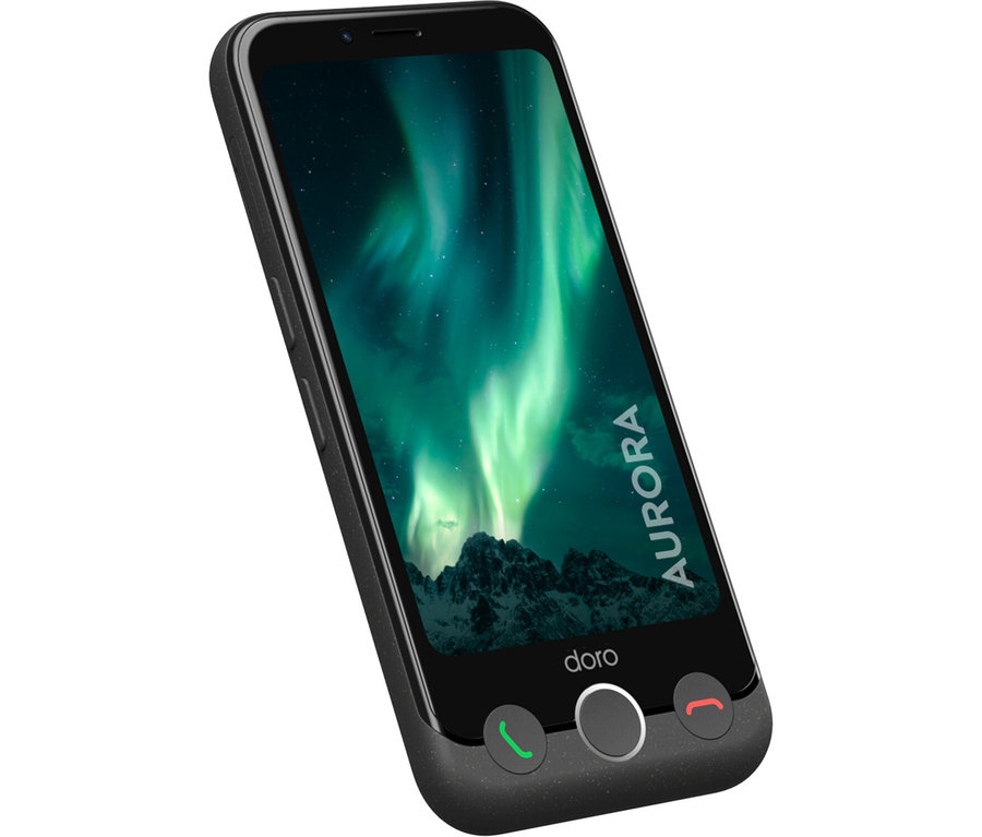 Schwarzes Doro Aurora A10 64 GB Smartphone mit einem Bild von Polarlichtern auf dem Display.