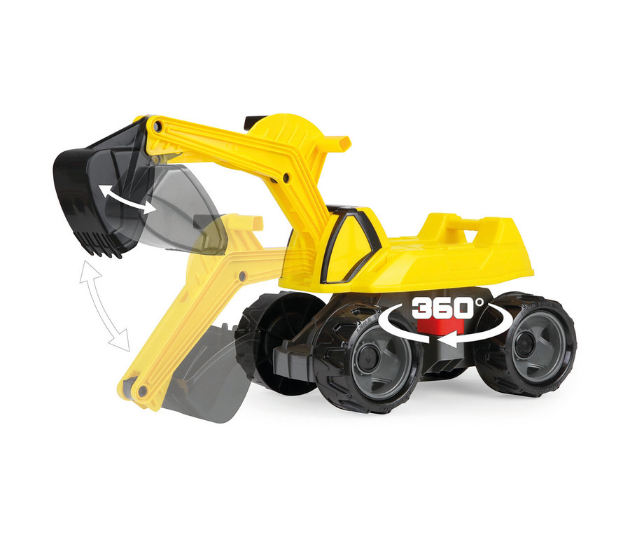 Gelber und schwarzer GIGA TRUCKS Aufsitz-Bagger Pro X mit beweglicher Schaufel und 360-Grad-Drehfunktion.
