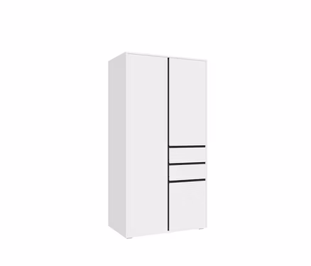 Weißer Kleiderschrank mit einer großen Tür links und einer Tür über drei Schubladen rechts, alle mit schwarzen Linien umrandet.