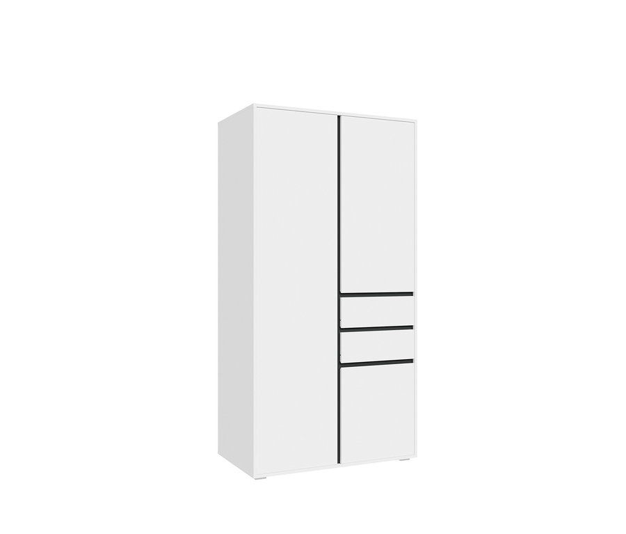 Weißer Kleiderschrank mit einer großen Tür links und einer Tür über drei Schubladen rechts, alle mit schwarzen Linien umrandet.