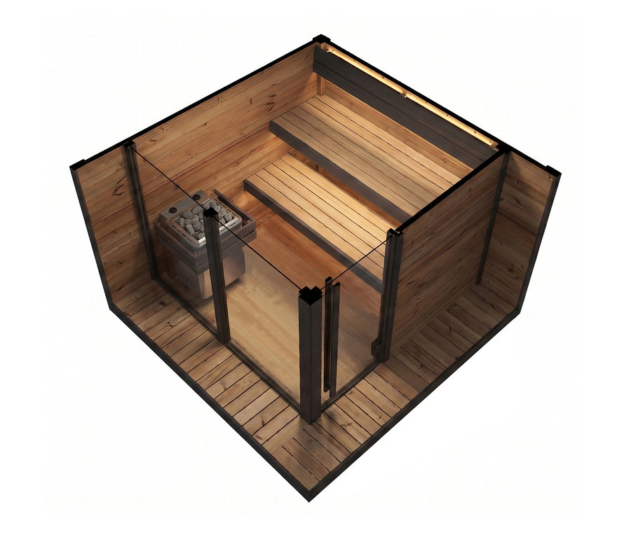 Weka Thermoholz-Saunahaus Viira Gr. 2 mit Holzwänden, Glasfront, zwei Bänken und einem Saunaofen mit Steinen.
