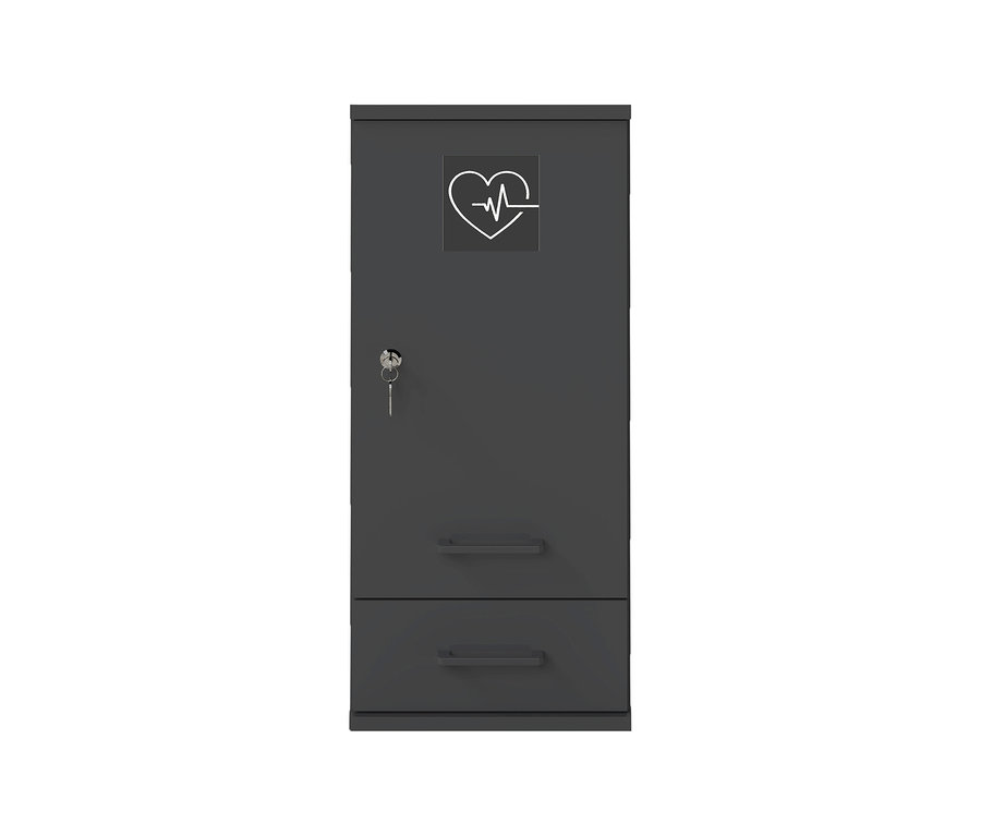 Anthrazitfarbener Medizinschrank «Galeno» mit einer Tür, einem Herz-EKG-Symbol, einem Schloss mit Schlüssel und zwei Schubladen.