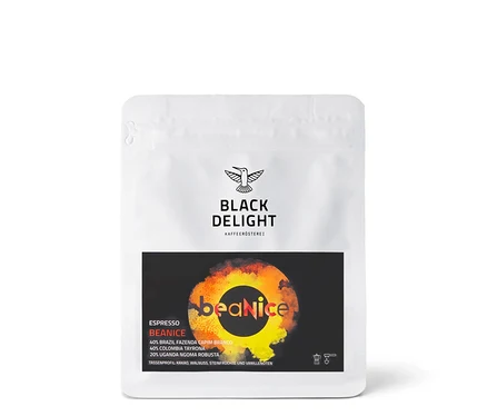 Eine Packung Black Delight - BEANICE Espresso - 250 g ganze Bohne.
