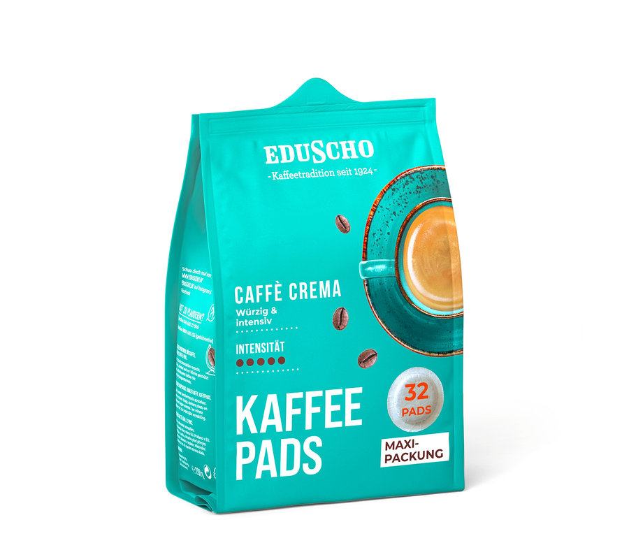 Eine Packung Eduscho Kaffeepads Caffè Crema mit der Aufschrift Kaffeepads und Maxipackung.