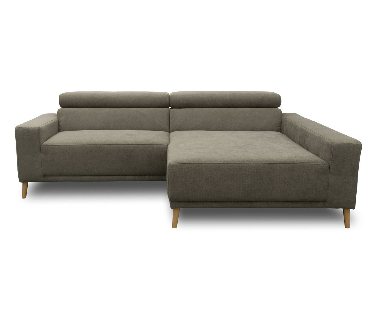 DOMO Sofa »Malmö«, Longchair rechts, mit Kopfteilverstellung, in Grau mit Holzfüßen.