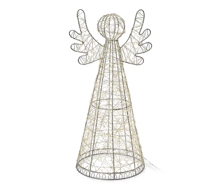Eine silberne Drahtengel-Dekoration, kegelförmig mit kugelförmigem Kopf und Flügeln, umwickelt mit warmweißen Lichterketten, steht auf weißem Hintergrund.