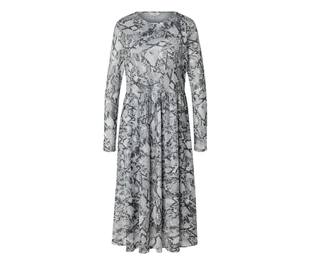 Langärmeliges Midikleid mit Rundhalsausschnitt und grauem Schlangenmuster. Der Rockteil ist in der Taille gerafft.