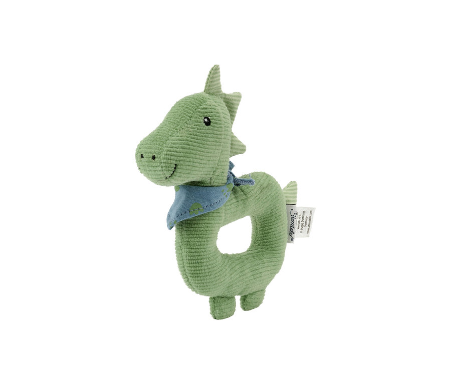 Grüner Dinosaurier-Greifling aus Cordstoff mit blauem Halstuch und ringförmigem Körper.