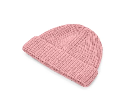 Rosa gerippte Strickmütze mit umgeschlagenem Rand und dezentem Glitzer.