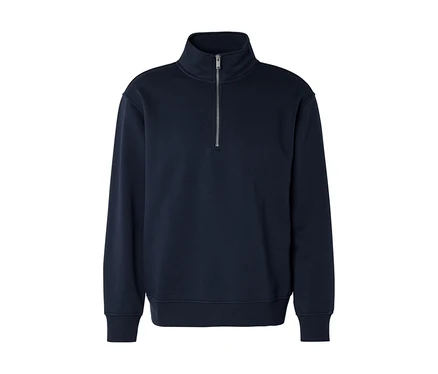 Dunkelblaues Sweatshirt mit Stehkragen und silbernem Reißverschluss bis zur Brust.