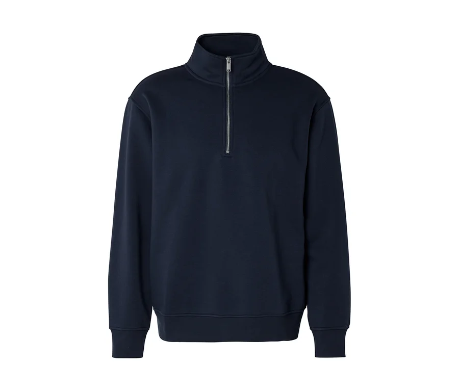 Dunkelblaues Sweatshirt mit Stehkragen und silbernem Reißverschluss bis zur Brust.