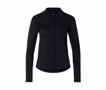 Schwarze Jacke mit durchgehendem Reißverschluss, Stehkragen und langen Ärmeln.