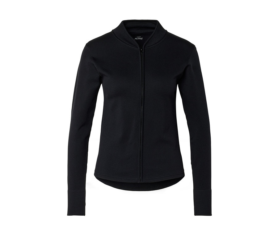 Schwarze Jacke mit durchgehendem Reißverschluss, Stehkragen und langen Ärmeln.