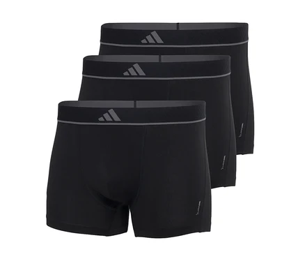 Drei schwarze Boxershorts übereinander gestapelt, jeweils mit einem dunkelgrauen Bund, grauem Adidas-Logo und dünnem grauen Streifen. Der Text „CLIMACOOL“ ist an der Seite sichtbar.