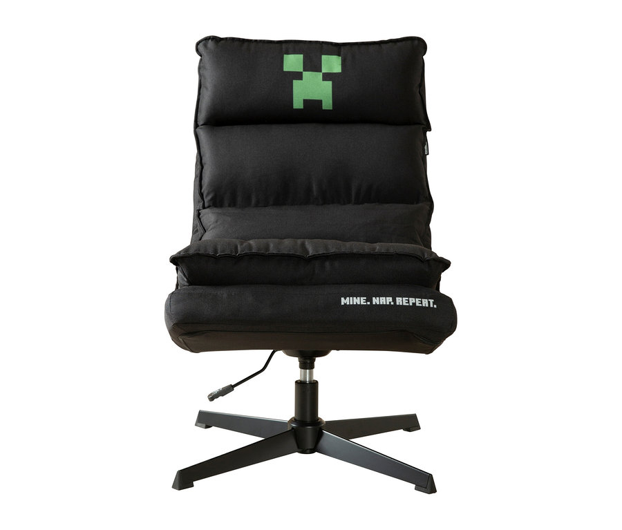 Schwarzer gepolsterter Gaming-Stuhl mit grünem pixeligem Minecraft Creeper-Logo auf der Kopfstütze und "MINE. NAP. REPEAT."-Schriftzug auf dem Sitz, auf einem Fünfsternfuß.