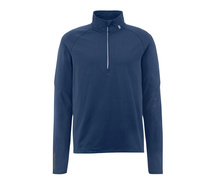 Blaues Thermo-Funktionsshirt mit langen Ärmeln und Reißverschluss.